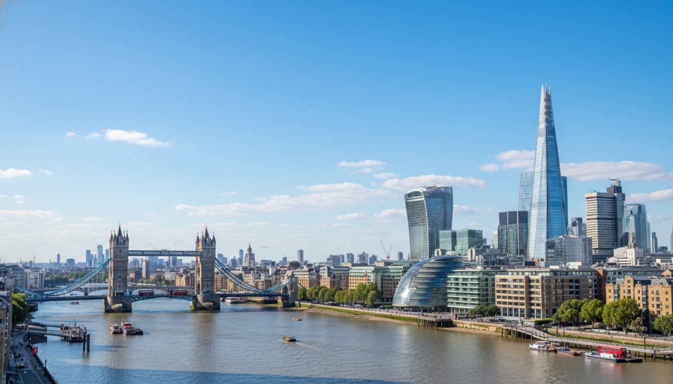 A wide-angle shot of the London skyline featuring the Gherkin and the Shard, with a bright blue sky and the River Thames in the foreground, professional and inspiring.
