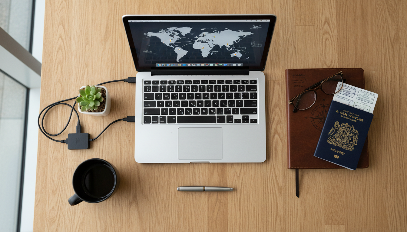 A flat lay of a modern wooden desk with a MacBook, a leather-bound notebook, a British passport, and a pair of designer glasses, symbolizing international business expansion.