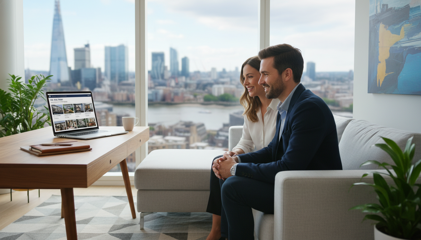 A professional couple sitting in a bright modern home office, looking at a laptop showing UK real estate listings, with a blurred cityscape of London visible through the window.