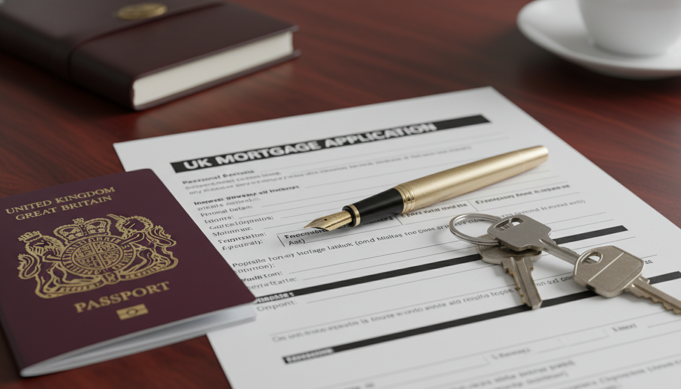 A close-up of a fountain pen resting on a UK mortgage application form with a British passport and a set of keys on a mahogany desk.