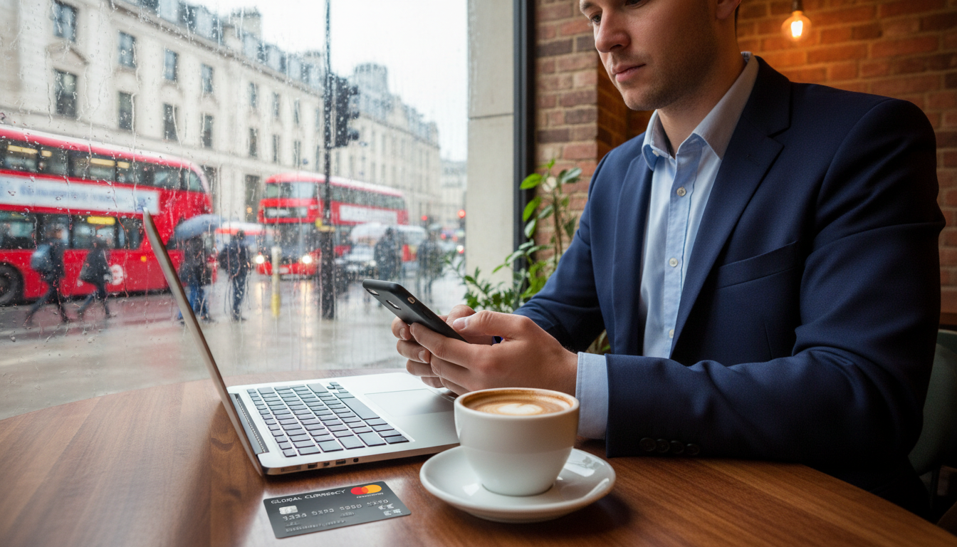 A professional person sitting in a modern London cafe, using a laptop and a smartphone, with a dual-currency credit card and a cup of artisan coffee on the table, overlooking a rainy London street.