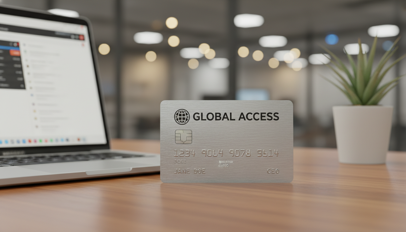 A high-quality close-up of a sleek metal business debit card resting on a wooden desk next to a MacBook and a small green plant, with blurred office lights in the background.