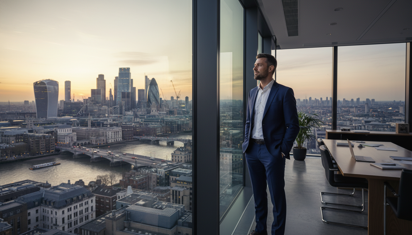 A professional expat entrepreneur looking at the London skyline from a modern office window, high-quality photography, symbolizing ambition and new beginnings.