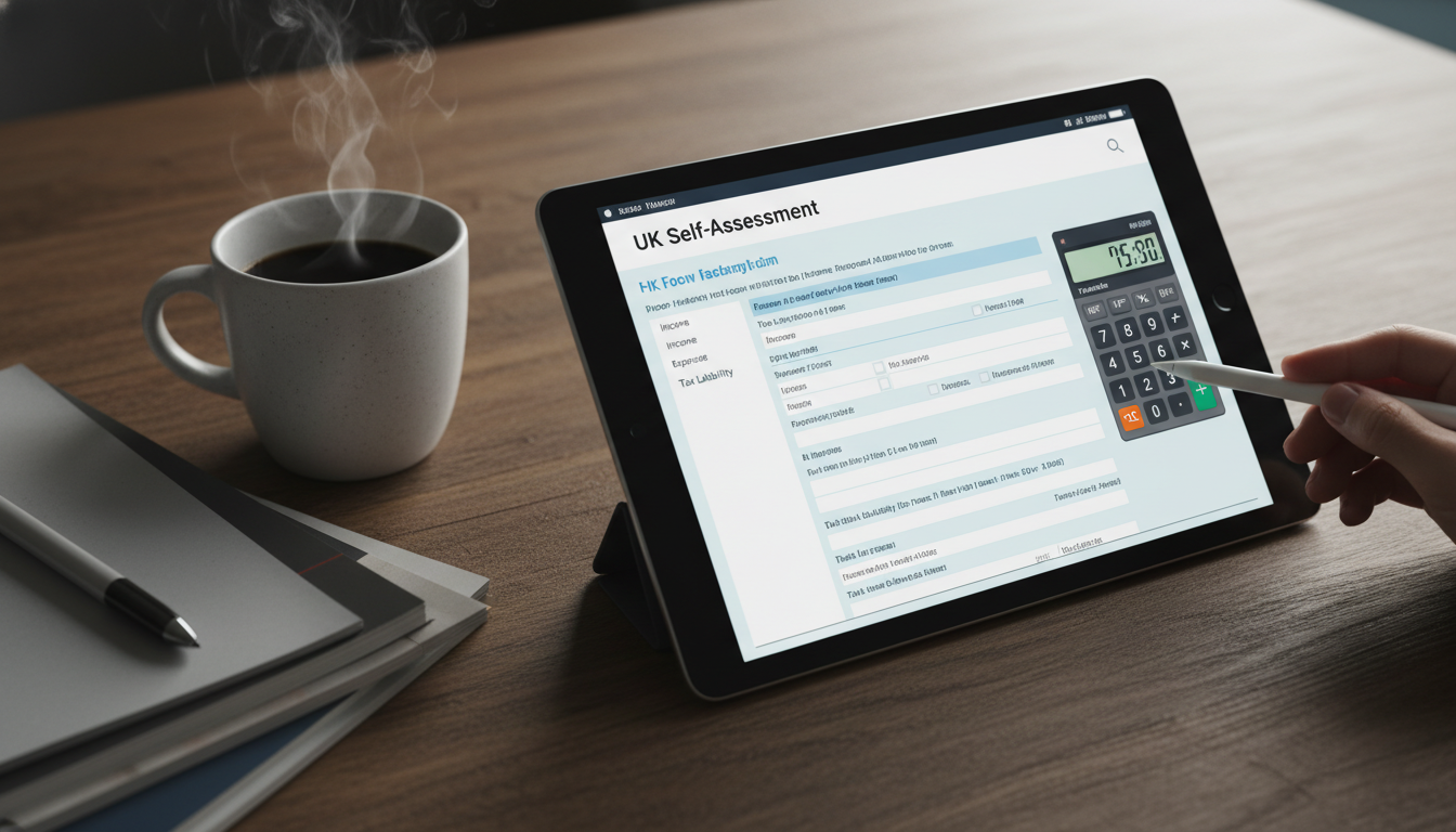 A close-up of a digital tablet showing UK tax forms and a calculator on a wooden desk with a cup of coffee, professional lighting, representing financial planning.
