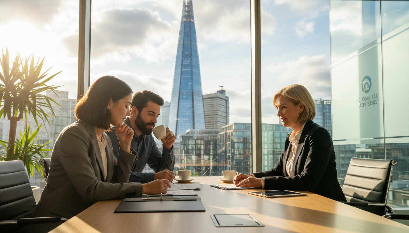 A professional tax advisor sitting across from an international couple in a modern London office with a view of the Shard, discussing documents over a cup of coffee, warm natural lighting, 4k resolution.