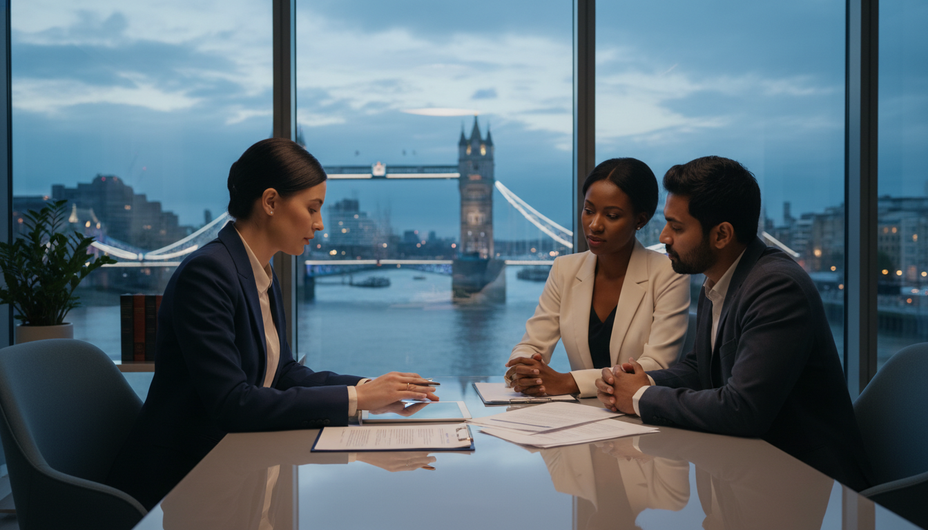 A professional female immigration lawyer in a navy blue suit sitting in a modern London office with large windows overlooking the Tower Bridge, discussing documents with a diverse couple, cinematic lighting, 8k resolution, photorealistic