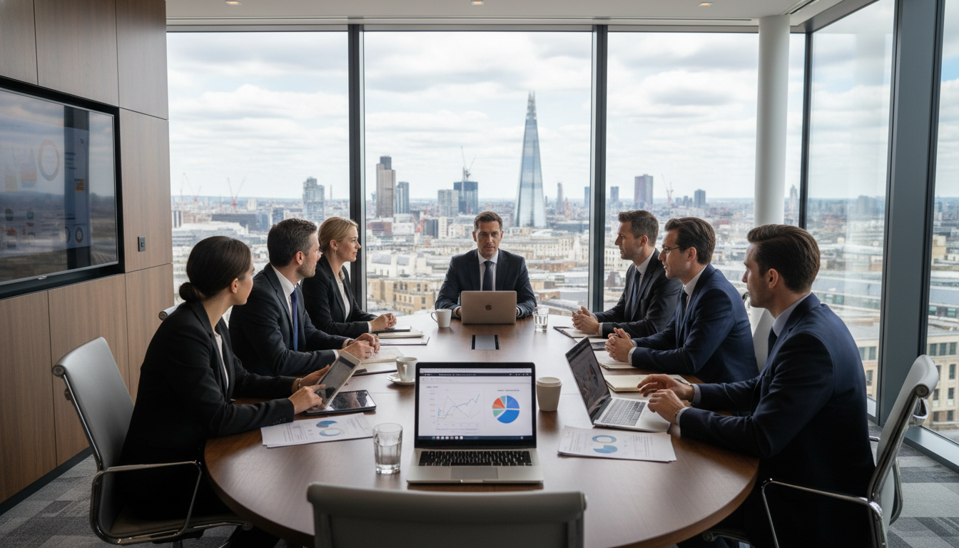 A professional business meeting in a modern glass-walled boardroom overlooking the city of London, a diverse group of entrepreneurs discussing strategy with tablets and laptops in soft daylight.