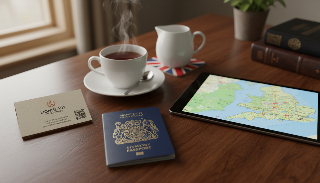 A close-up of a UK passport, a professional business card, and a digital tablet showing a map of the UK on a wooden desk next to a cup of English tea, with soft natural lighting coming from a nearby window.
