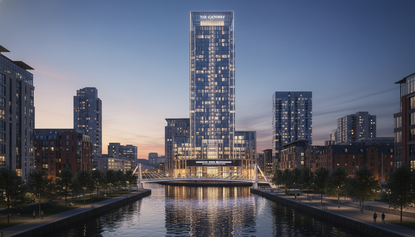 A modern high-rise residential building in Manchester's skyline at dusk, reflecting lights on a nearby canal, representing urban regeneration and property investment.