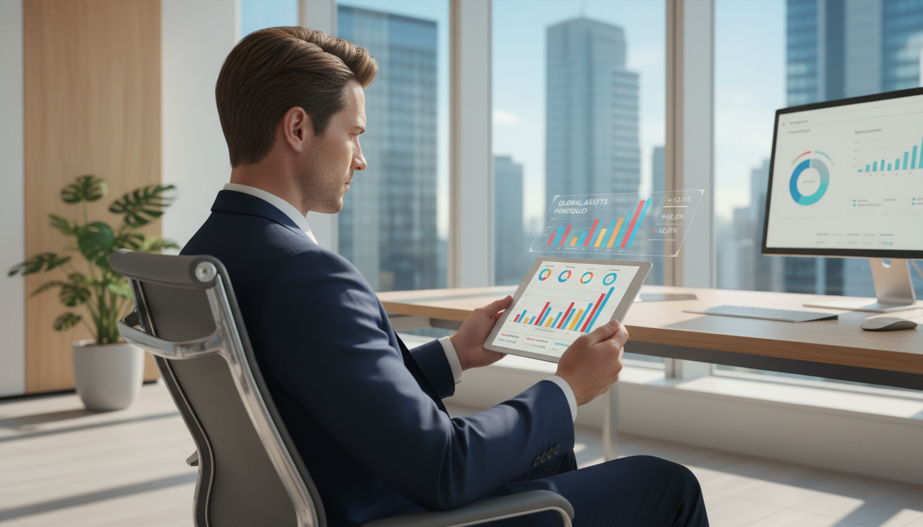 A professional expat sitting in a brightly lit modern office, looking at a tablet displaying various financial growth charts and a digital investment portfolio.